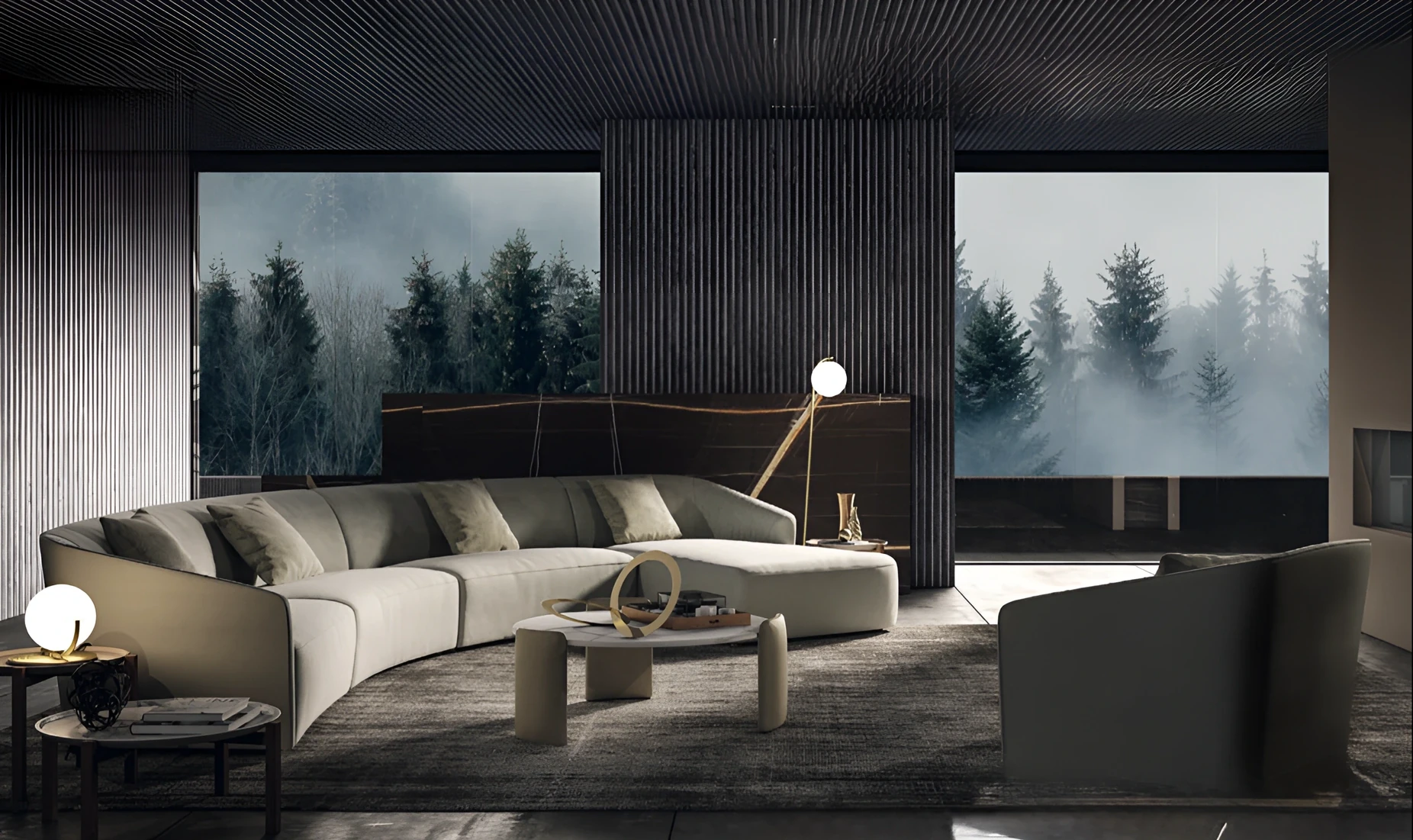 Brianform curved modular sofa in a living room facing the woods