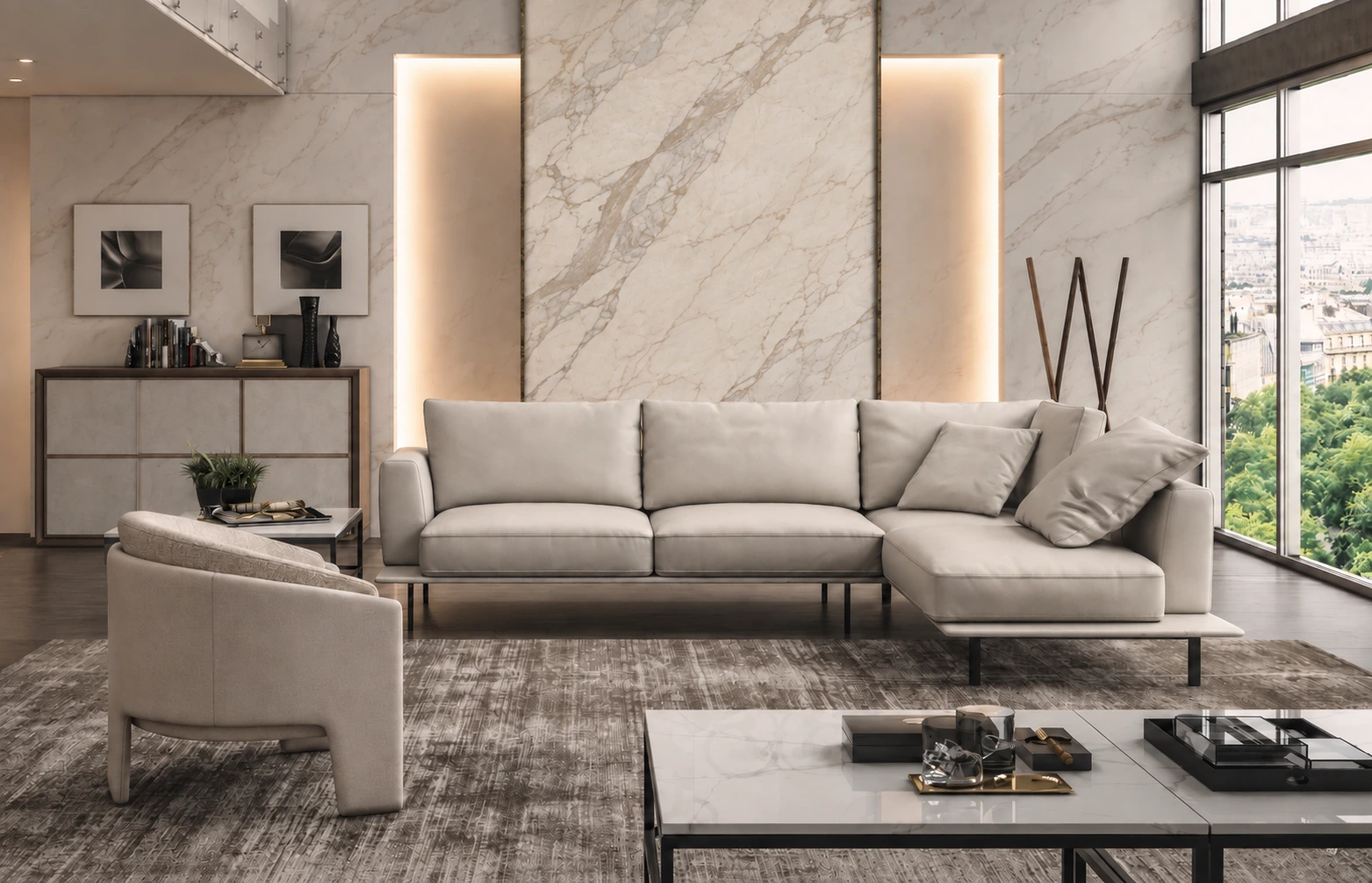 Canova by Brianform: leather corner sofa with chaise longue and matching armchair