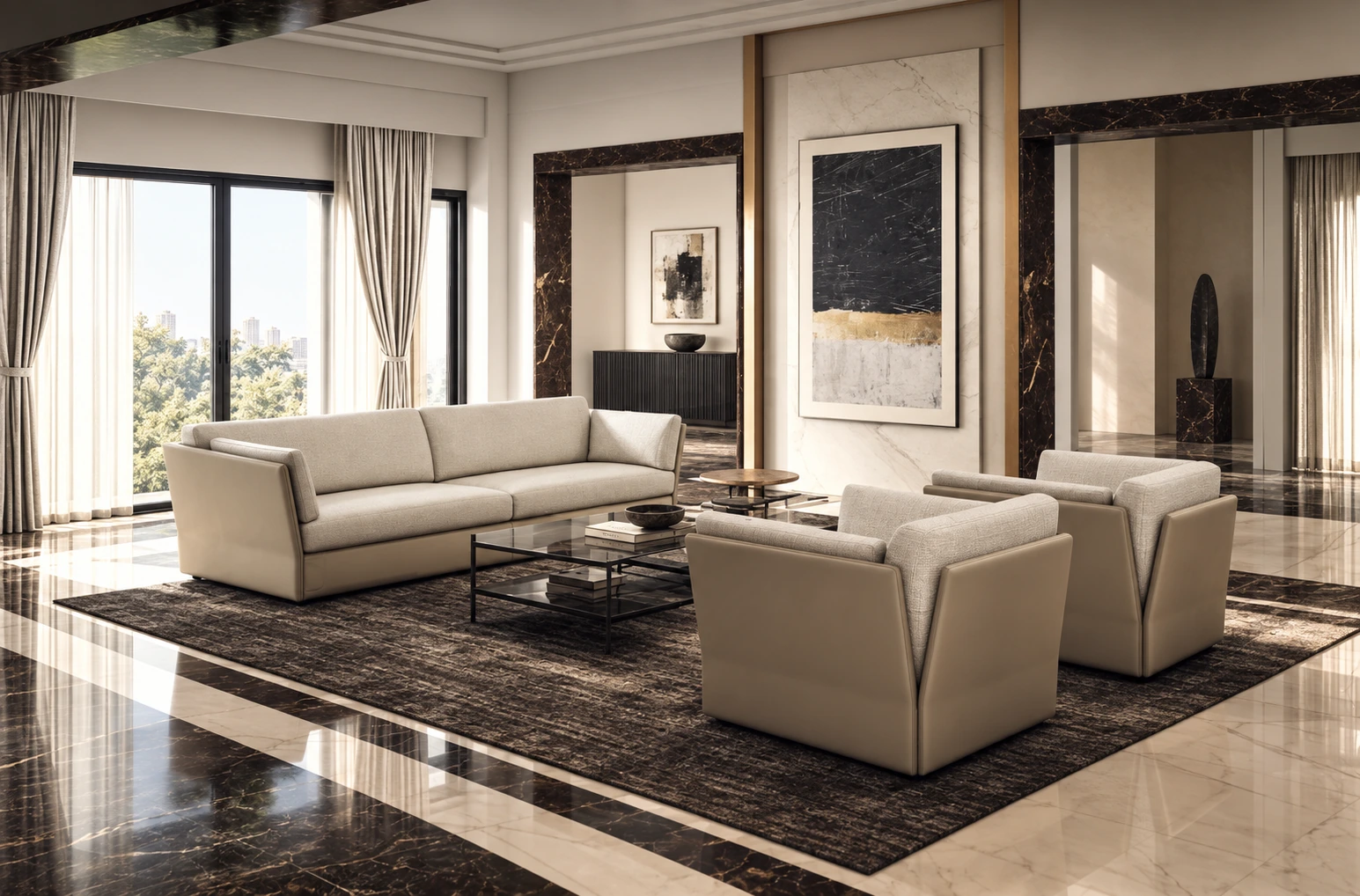 Panel by Brianform: sofa and matching armchairs, leather sides and fabric cushions