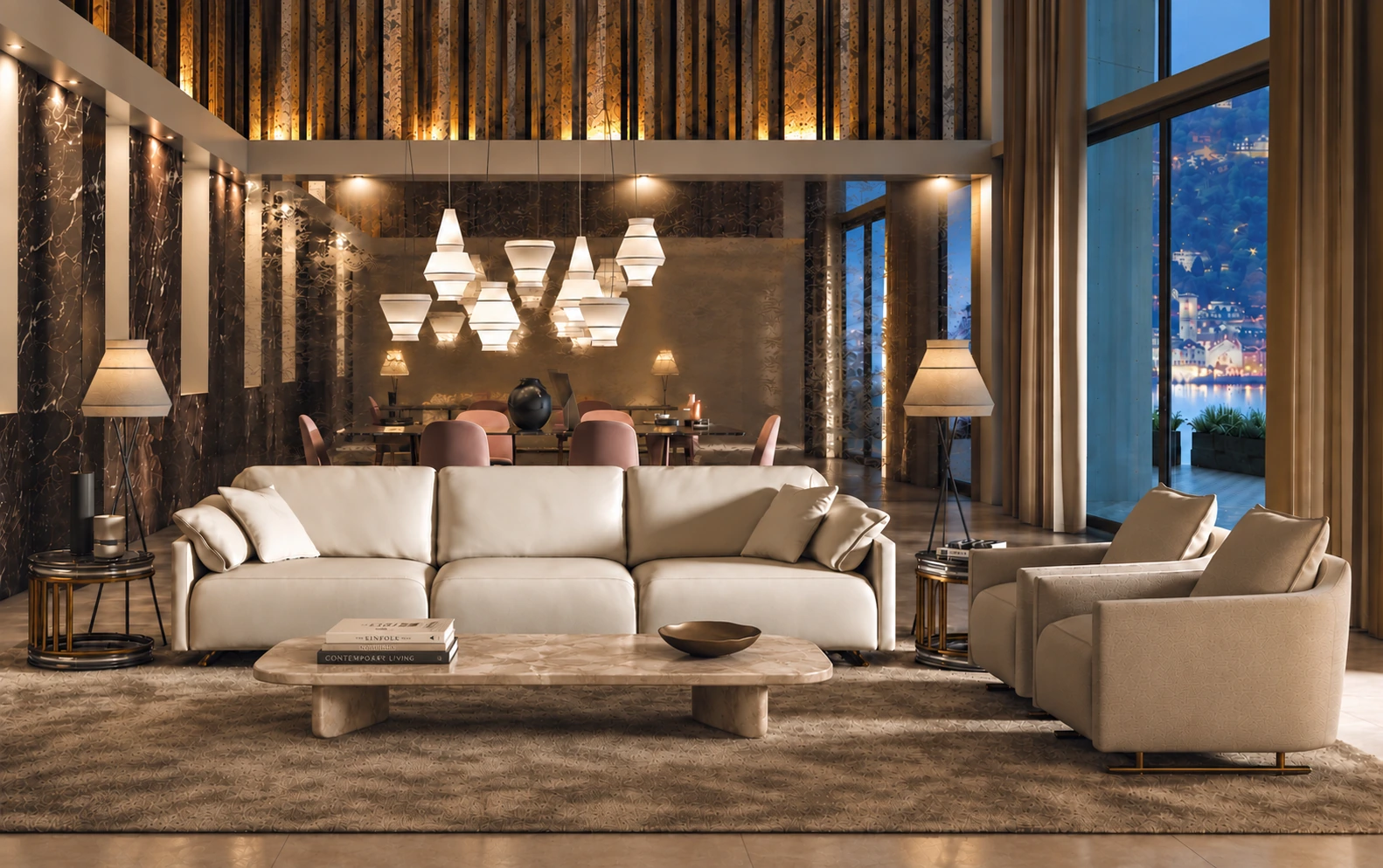 Privé Gold Brianform: divano tre posti in pelle chiara con poltrone coordinate
