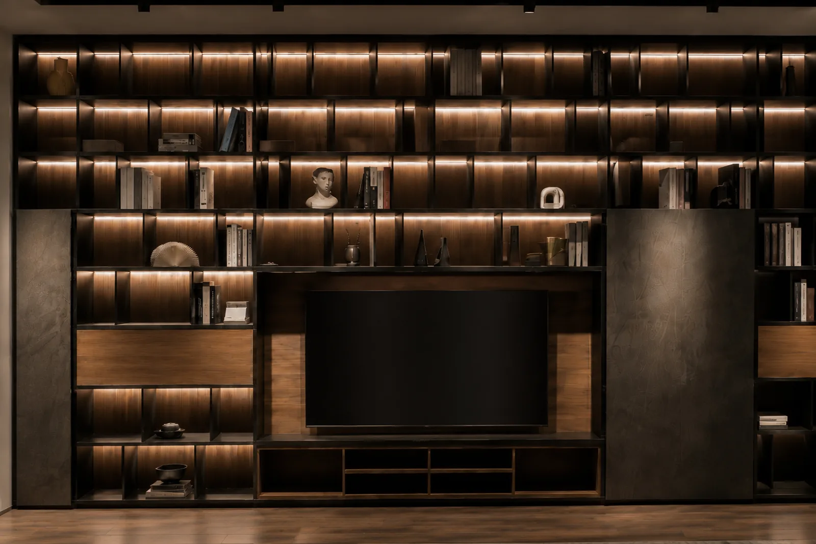 Libreria Scena Brianform, composizione frontale con vano centrale per lo schermo